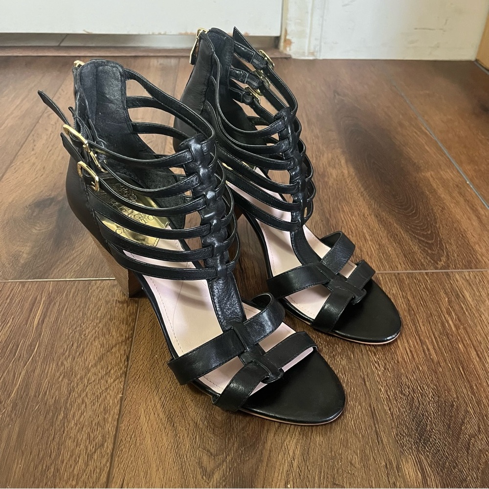 Vince Camuto black leather strappy high heel sandals, size 10